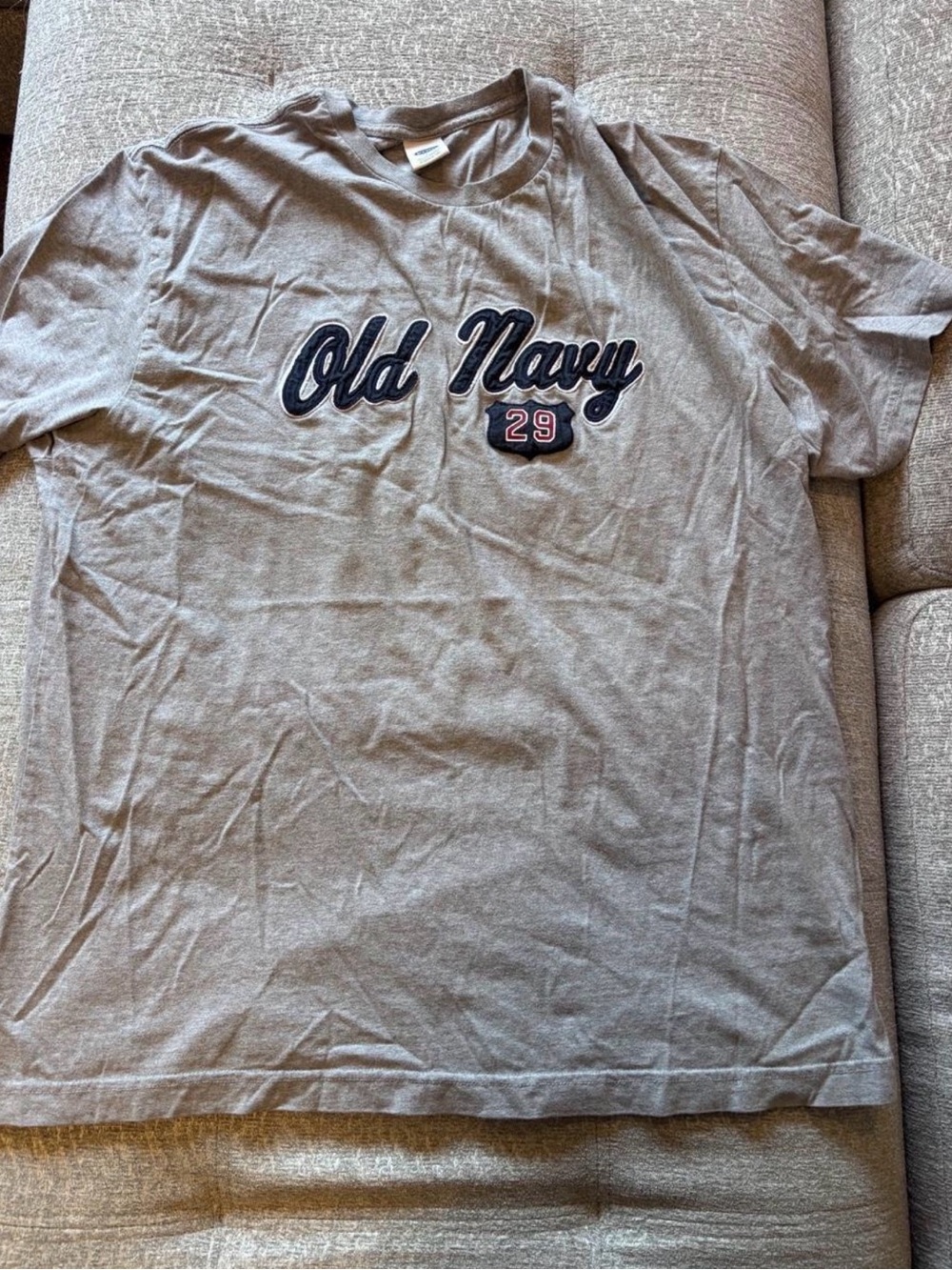 Old Navy Gray Short-Sleeve Logo Tee with Navy and Red Accents
